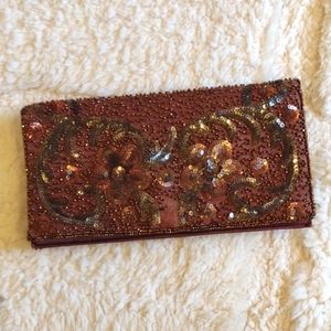 Vintage Retro Hand Beaded in France Brown Floral Sequins Formal Clutch Wristlet